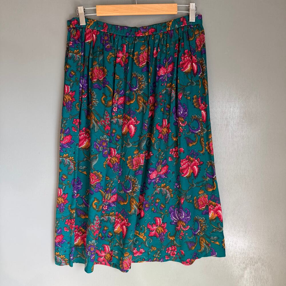 Vintage ALFRED DUNNER Women's 16 Green/Blue Floral Full Midi Retro Skirt 90's - Picture 6 of 9